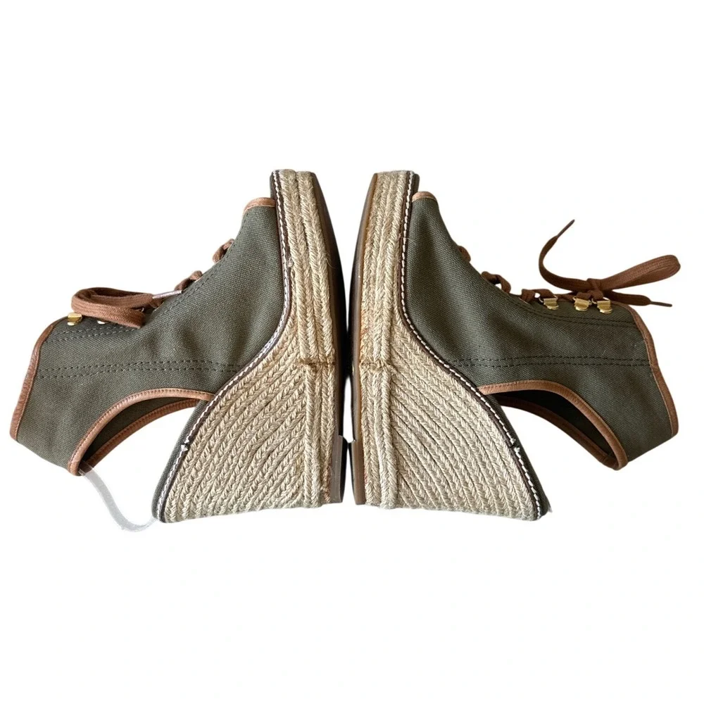 Tory‎ Burch Blair Wedge Lace Up Espadrilles Olive Canvas Size 8